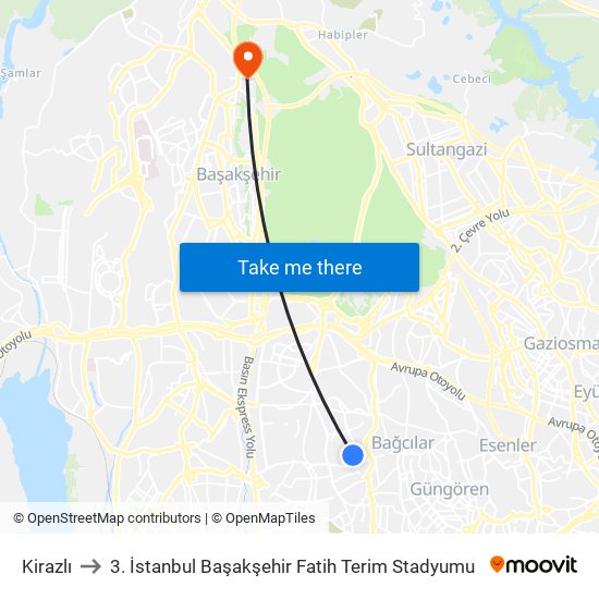 Kirazlı to 3. İstanbul Başakşehir Fatih Terim Stadyumu map
