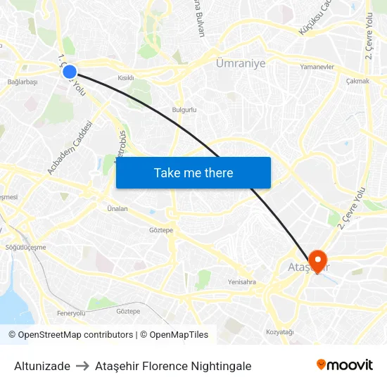 Altunizade to Ataşehir Florence Nightingale map
