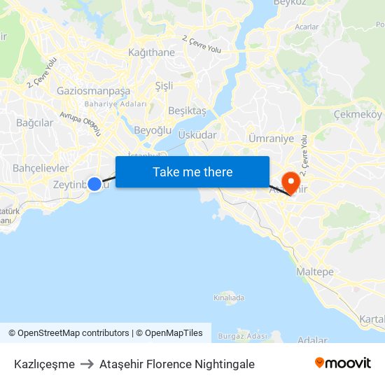 Kazlıçeşme to Ataşehir Florence Nightingale map
