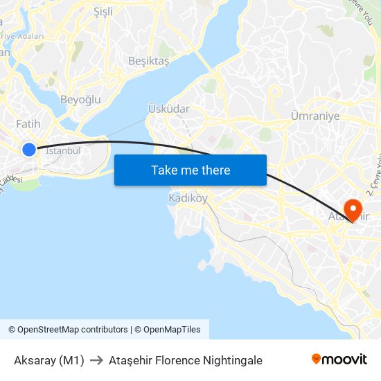 Aksaray (M1) to Ataşehir Florence Nightingale map