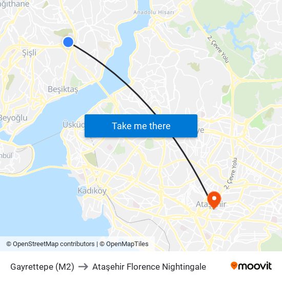 Gayrettepe (M2) to Ataşehir Florence Nightingale map