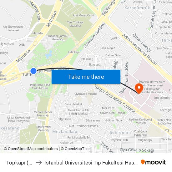 Topkapı (T1) to İstanbul Üniversitesi Tıp Fakültesi Hastanesi map