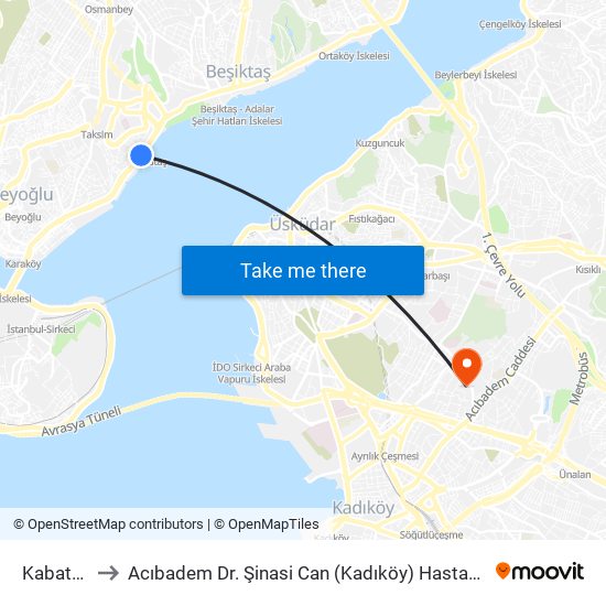 Kabataş to Acıbadem Dr. Şinasi Can (Kadıköy) Hastanesi map