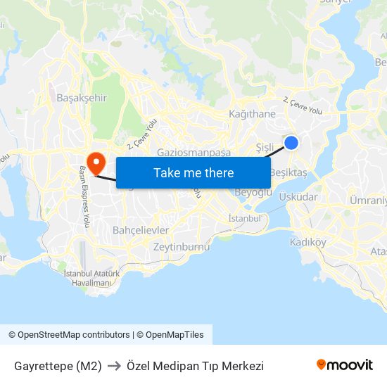 Gayrettepe (M2) to Özel Medipan Tıp Merkezi map