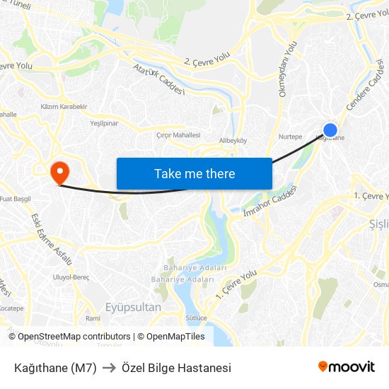 Kağıthane (M7) to Özel Bilge Hastanesi map