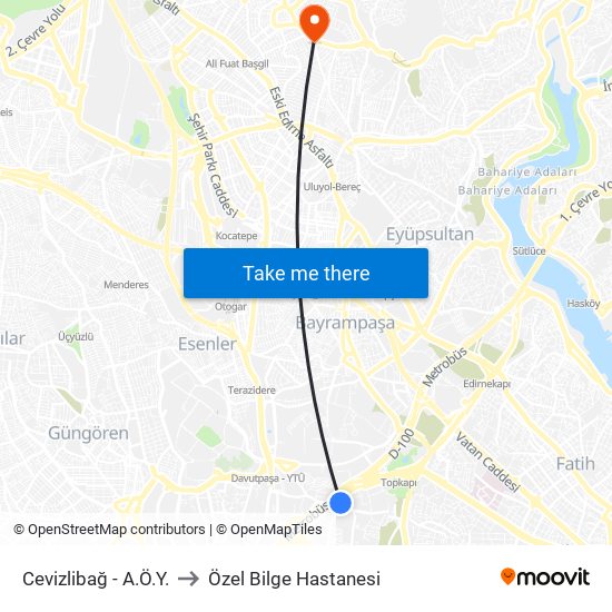 Cevizlibağ - A.Ö.Y. to Özel Bilge Hastanesi map