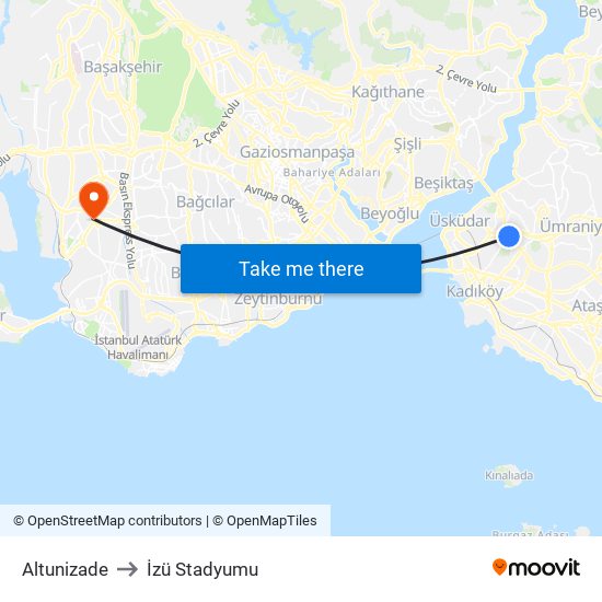 Altunizade to İzü Stadyumu map