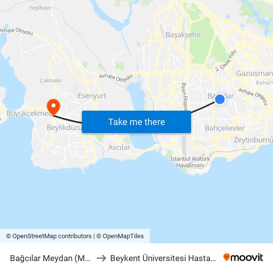 Bağcılar Meydan (M1b) to Beykent Üniversitesi Hastanesi map