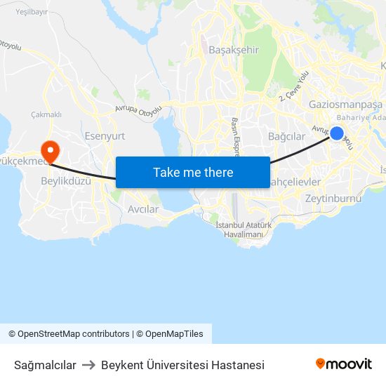 Sağmalcılar to Beykent Üniversitesi Hastanesi map