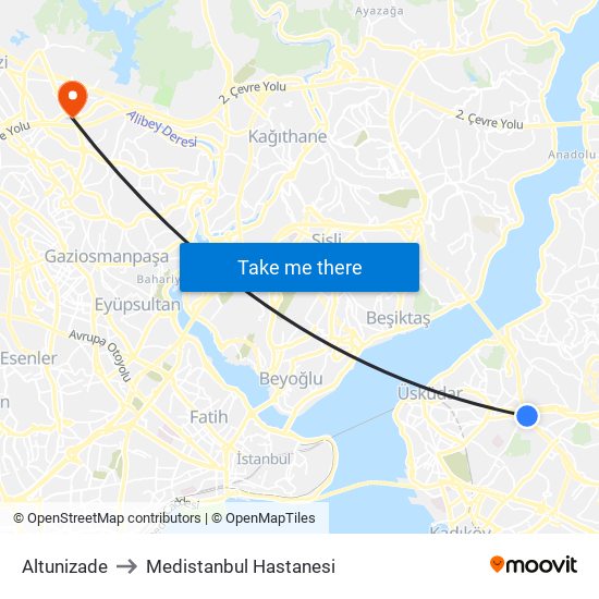 Altunizade to Medistanbul Hastanesi map