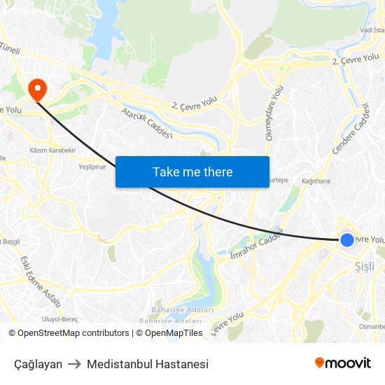Çağlayan to Medistanbul Hastanesi map