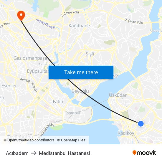 Acıbadem to Medistanbul Hastanesi map