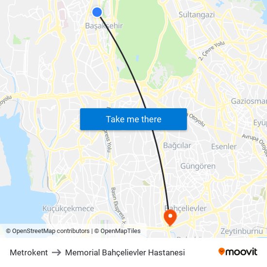 Metrokent to Memorial Bahçelievler Hastanesi map