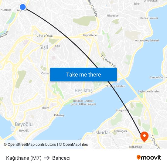 Kağıthane (M7) to Bahceci map