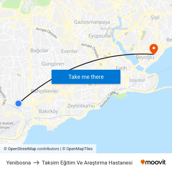 Yenibosna to Taksim Eğitim Ve Araştırma Hastanesi map