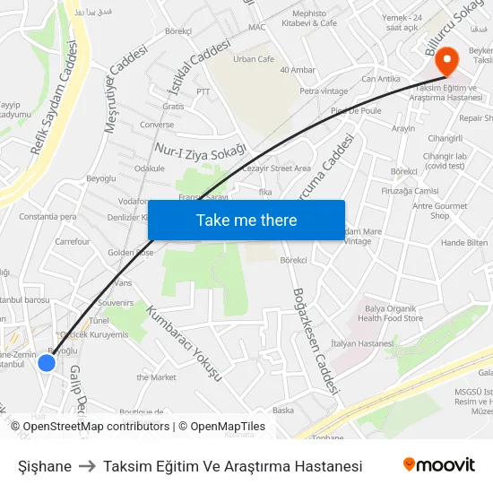 Şişhane to Taksim Eğitim Ve Araştırma Hastanesi map