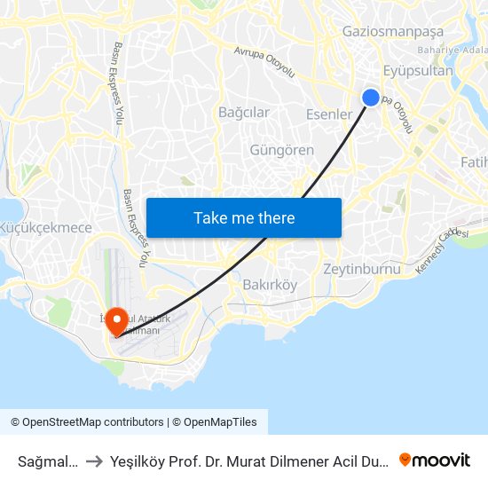 Sağmalcılar to Yeşilköy Prof. Dr. Murat Dilmener Acil Durum Hastanesi map