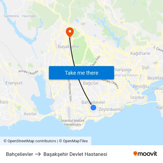 Bahçelievler to Başakşehir Devlet Hastanesi map