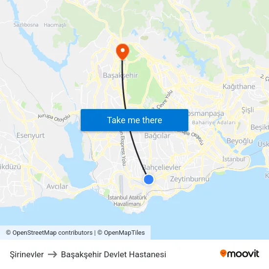 Şirinevler to Başakşehir Devlet Hastanesi map