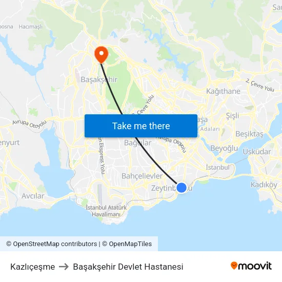 Kazlıçeşme to Başakşehir Devlet Hastanesi map
