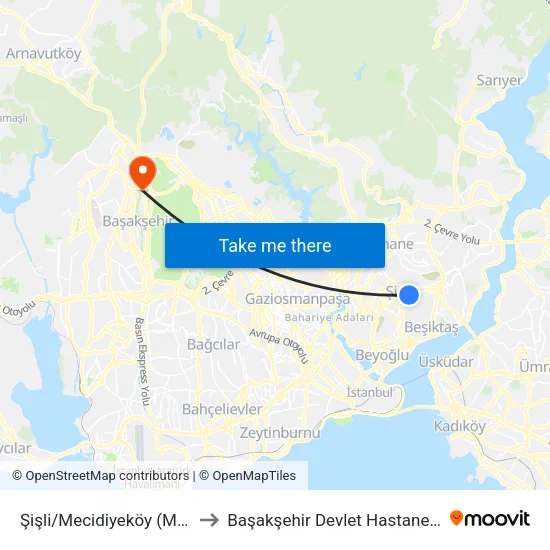 Şişli/Mecidiyeköy (M2) to Başakşehir Devlet Hastanesi map