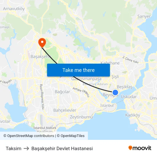 Taksim to Başakşehir Devlet Hastanesi map