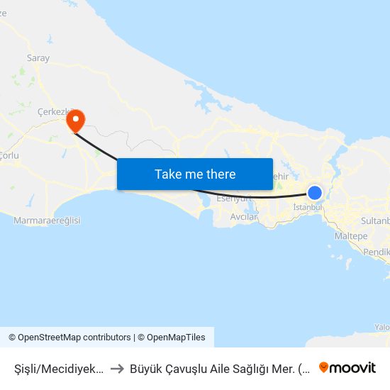 Şişli/Mecidiyeköy (M2) to Büyük Çavuşlu Aile Sağlığı Mer. (Medical Clinic) map