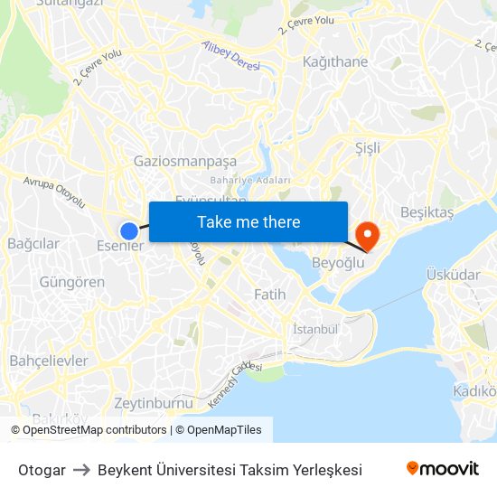 Otogar to Beykent Üniversitesi Taksim Yerleşkesi map