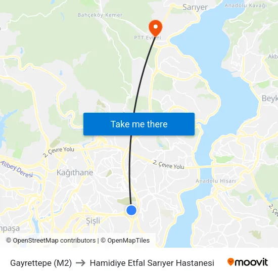 Gayrettepe (M2) to Hamidiye Etfal Sarıyer Hastanesi map