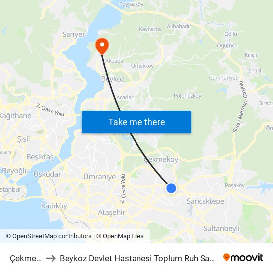 Çekmeköy to Beykoz Devlet Hastanesi Toplum Ruh Sağlığı Merkezi map