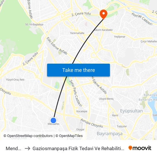 Menderes to Gaziosmanpaşa Fizik Tedavi Ve Rehabilitisyon Hastanesi map