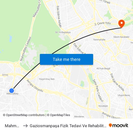 Mahmutbey to Gaziosmanpaşa Fizik Tedavi Ve Rehabilitisyon Hastanesi map