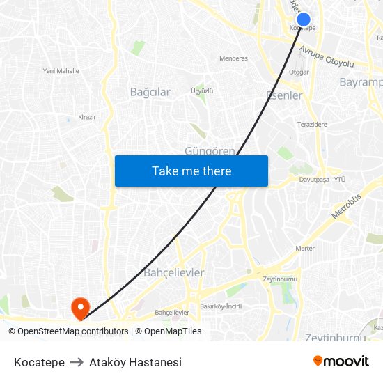 Kocatepe to Ataköy Hastanesi map