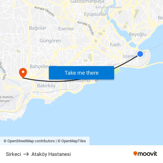Sirkeci to Ataköy Hastanesi map