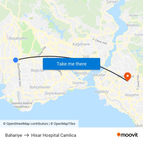 Bahariye to Hisar Hospital Camlica map