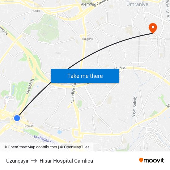 Uzunçayır to Hisar Hospital Camlica map