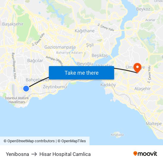 Yenibosna to Hisar Hospital Camlica map