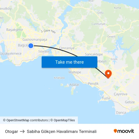 Otogar to Sabiha Gökçen Havalimanı Terminali map