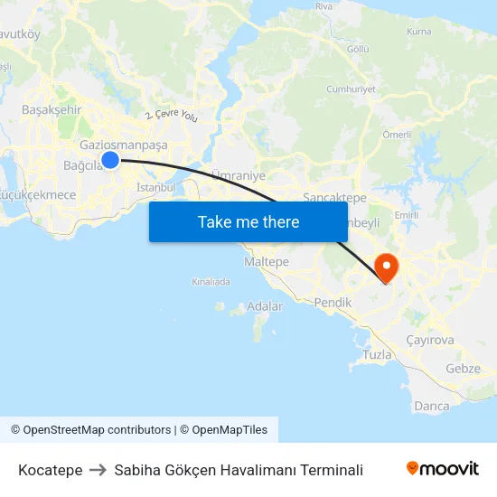 Kocatepe to Sabiha Gökçen Havalimanı Terminali map