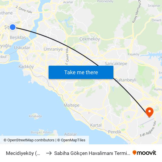 Mecidiyeköy (M7) to Sabiha Gökçen Havalimanı Terminali map