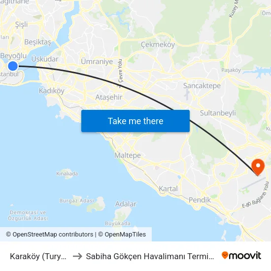 Karaköy (Turyol) to Sabiha Gökçen Havalimanı Terminali map