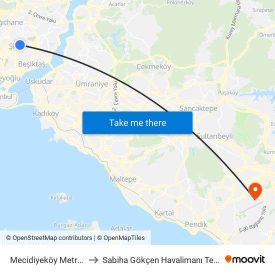 Mecidiyeköy Metrobus to Sabiha Gökçen Havalimanı Terminali map