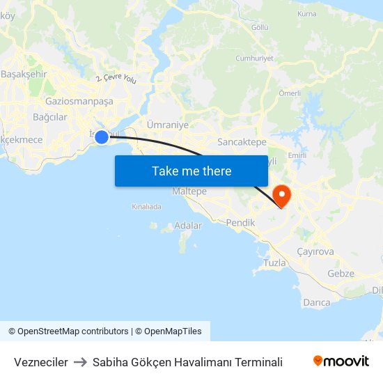 Vezneciler to Sabiha Gökçen Havalimanı Terminali map