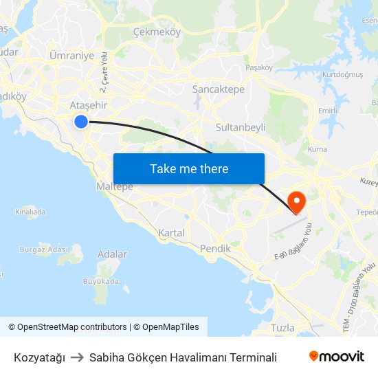 Kozyatağı to Sabiha Gökçen Havalimanı Terminali map