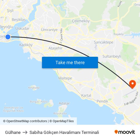 Gülhane to Sabiha Gökçen Havalimanı Terminali map