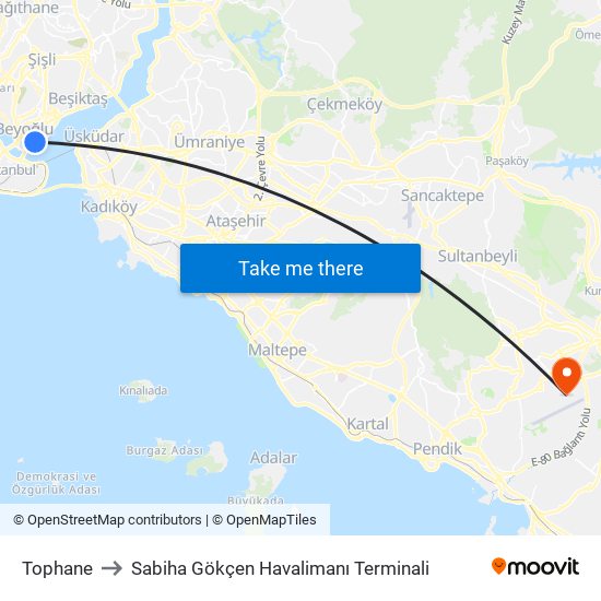 Tophane to Sabiha Gökçen Havalimanı Terminali map