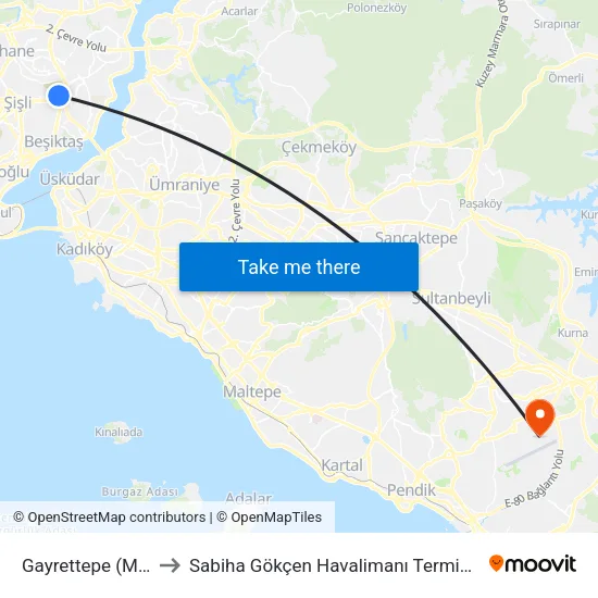 Gayrettepe (M2) to Sabiha Gökçen Havalimanı Terminali map