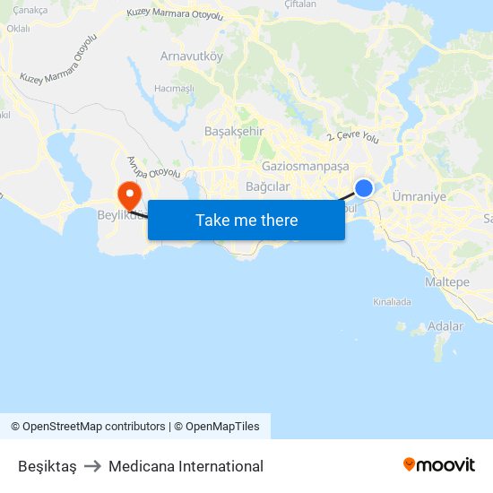Beşiktaş to Medicana International map