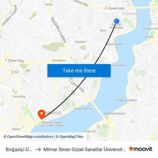 Boğaziçi Üniversitesi to Mimar Sinan Güzel Sanatlar Üniversitesi Dolmabahçe Yerleşkesi map