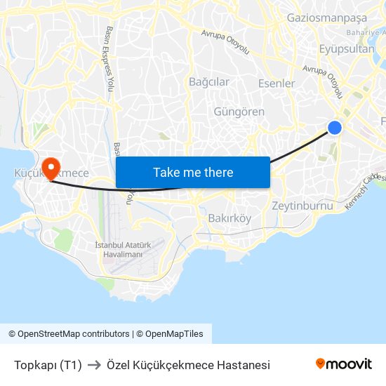 Topkapı (T1) to Özel Küçükçekmece Hastanesi map